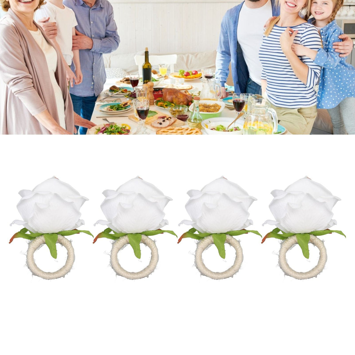 4PCS Rose Napkin Ring Simulated Plastic Reusable Vine Design Napkin Holder Ring for Restaurant White