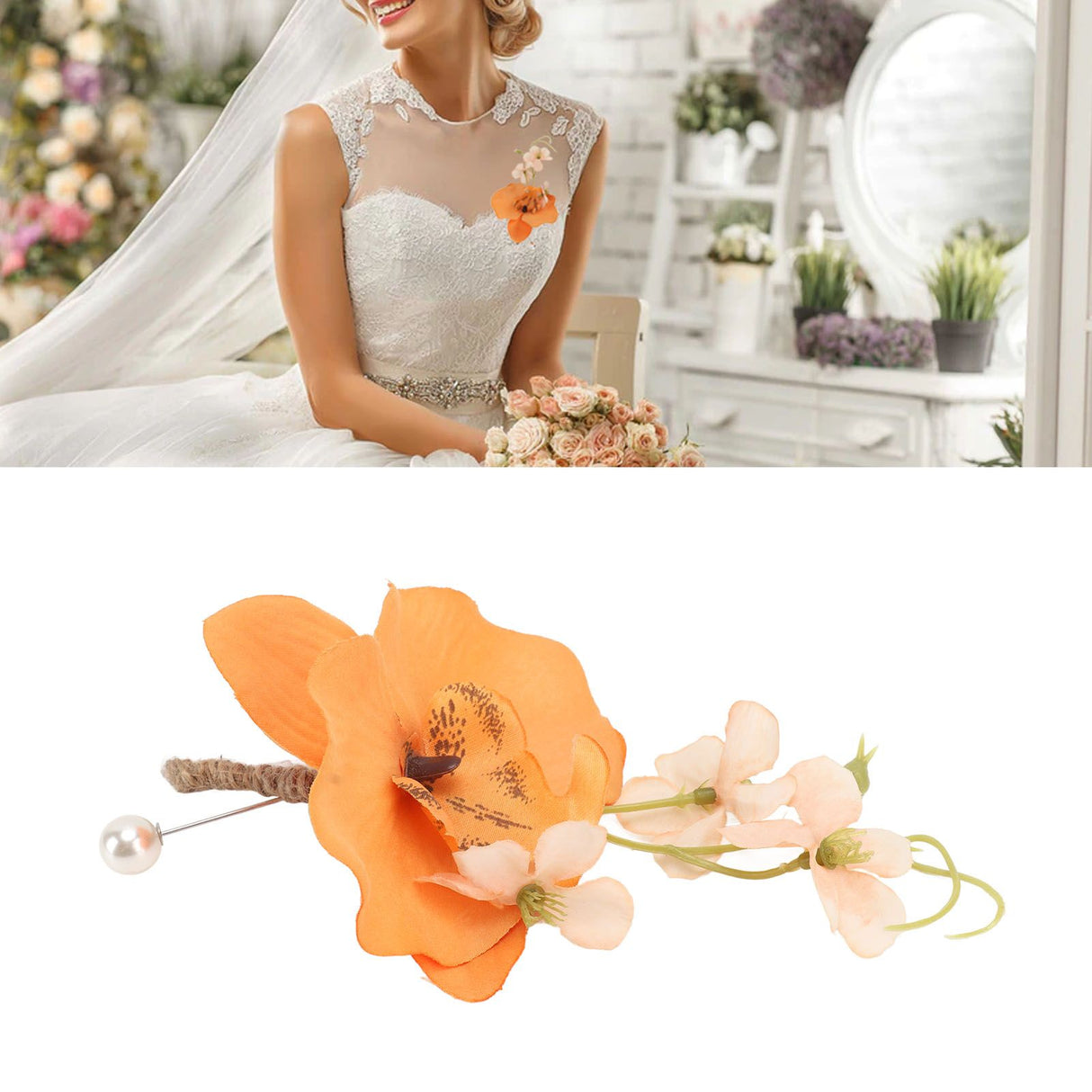 5 Pcs Groom Boutonniere Elegant Men Wedding Flower Lifelike Permanent Reusable Artificial Brooch Flower Orange