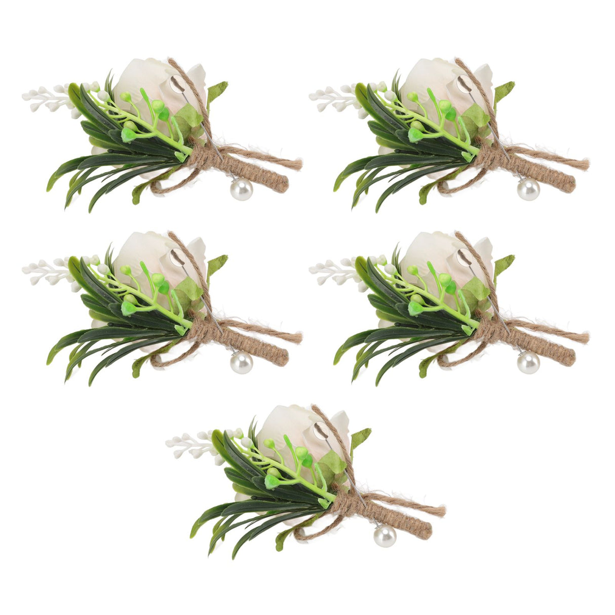 5PCS Wedding Boutonniere Pin Fixed Plastic Artificial Flower Corsage for Bride and Groom Champagne