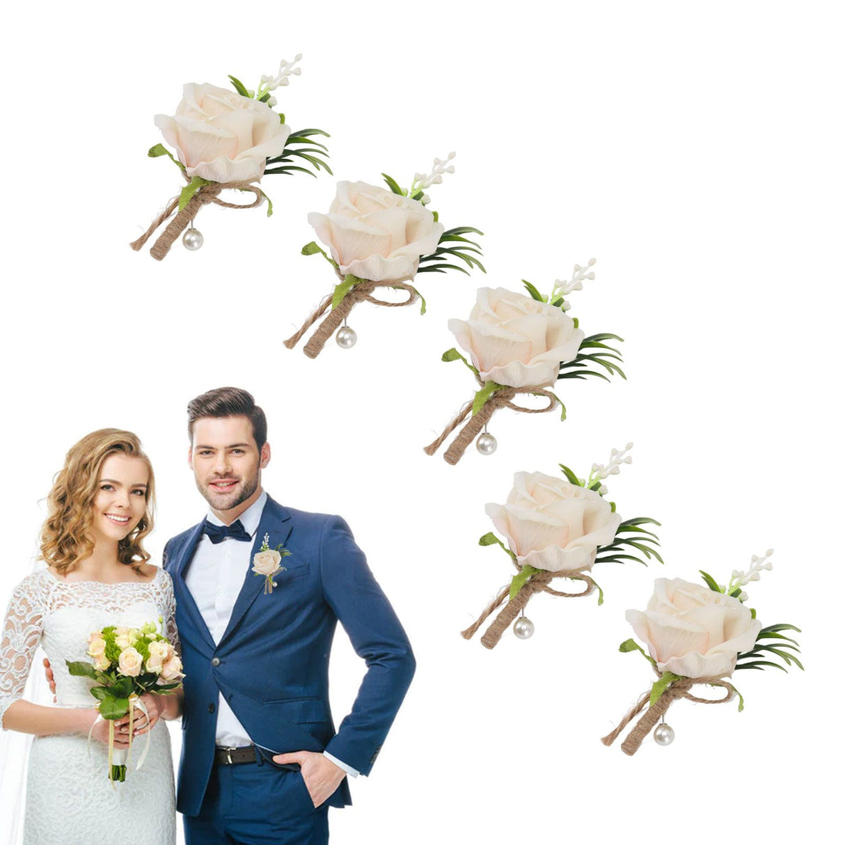 5PCS Wedding Boutonniere Pin Fixed Plastic Artificial Flower Corsage for Bride and Groom Champagne