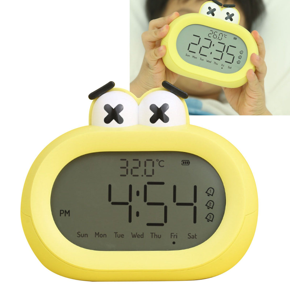 Kids Alarm Clock Cartoon Cute Intelligent Battery Operated Digital LED Electronic Clock with Night Light Yellow