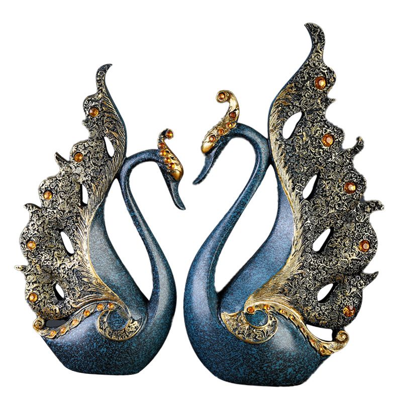 2PCS Peacock Ornaments Natural Resin Desktop Peacock Sculpture for Wine Cabinet TV Cabinet Home Blue 30cm/11.8in Height
