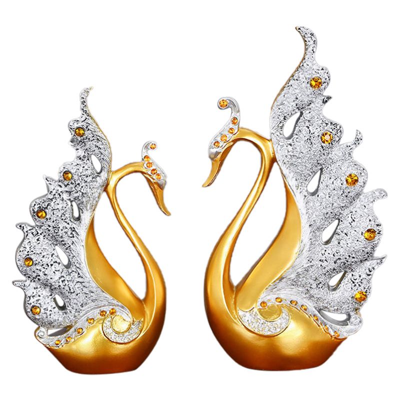 2PCS Peacock Ornaments Natural Resin Desktop Peacock Sculpture for Wine Cabinet TV Cabinet Home Gold and White 30cm/11.8in Height