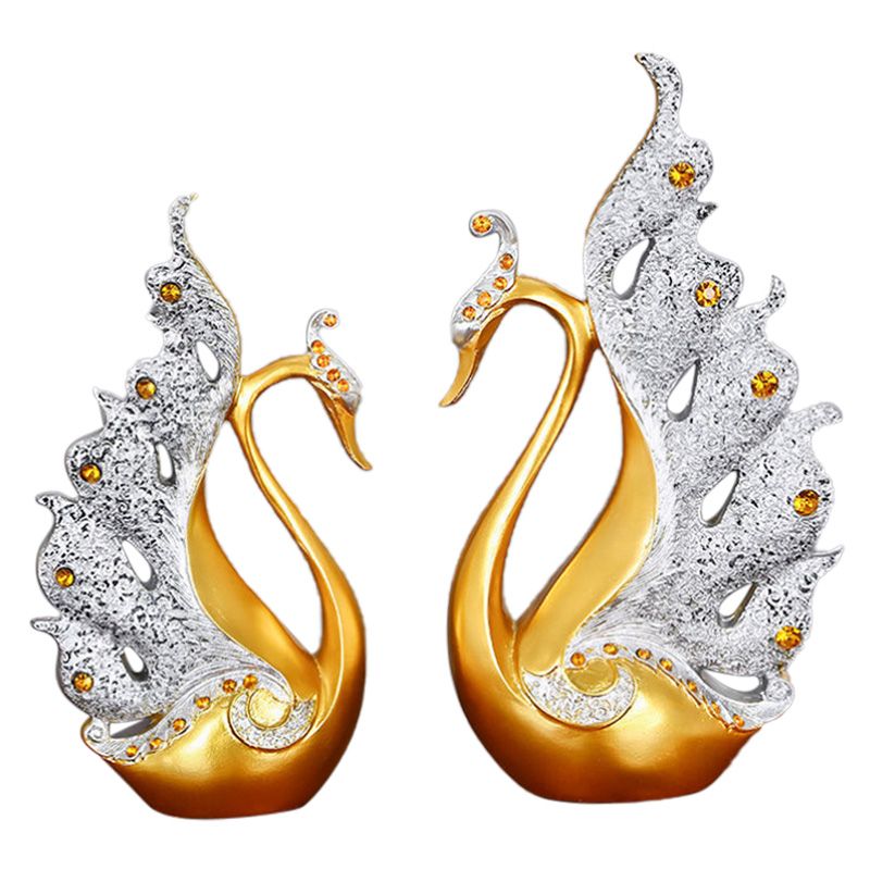 2PCS Peacock Ornaments Natural Resin Desktop Peacock Sculpture for Wine Cabinet TV Cabinet Home Gold and White 30cm/11.8in Height