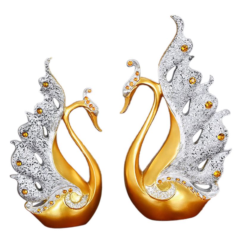 2PCS Peacock Ornaments Natural Resin Desktop Peacock Sculpture for Wine Cabinet TV Cabinet Home Gold and White 30cm/11.8in Height