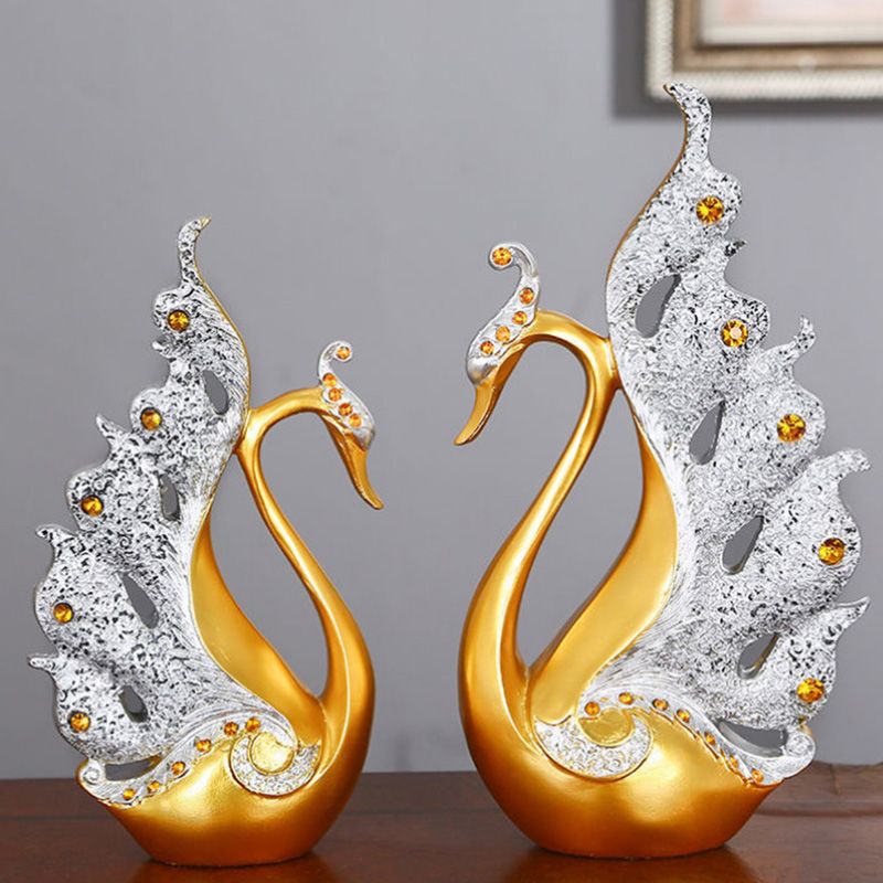 2PCS Peacock Ornaments Natural Resin Desktop Peacock Sculpture for Wine Cabinet TV Cabinet Home Gold and White 30cm/11.8in Height