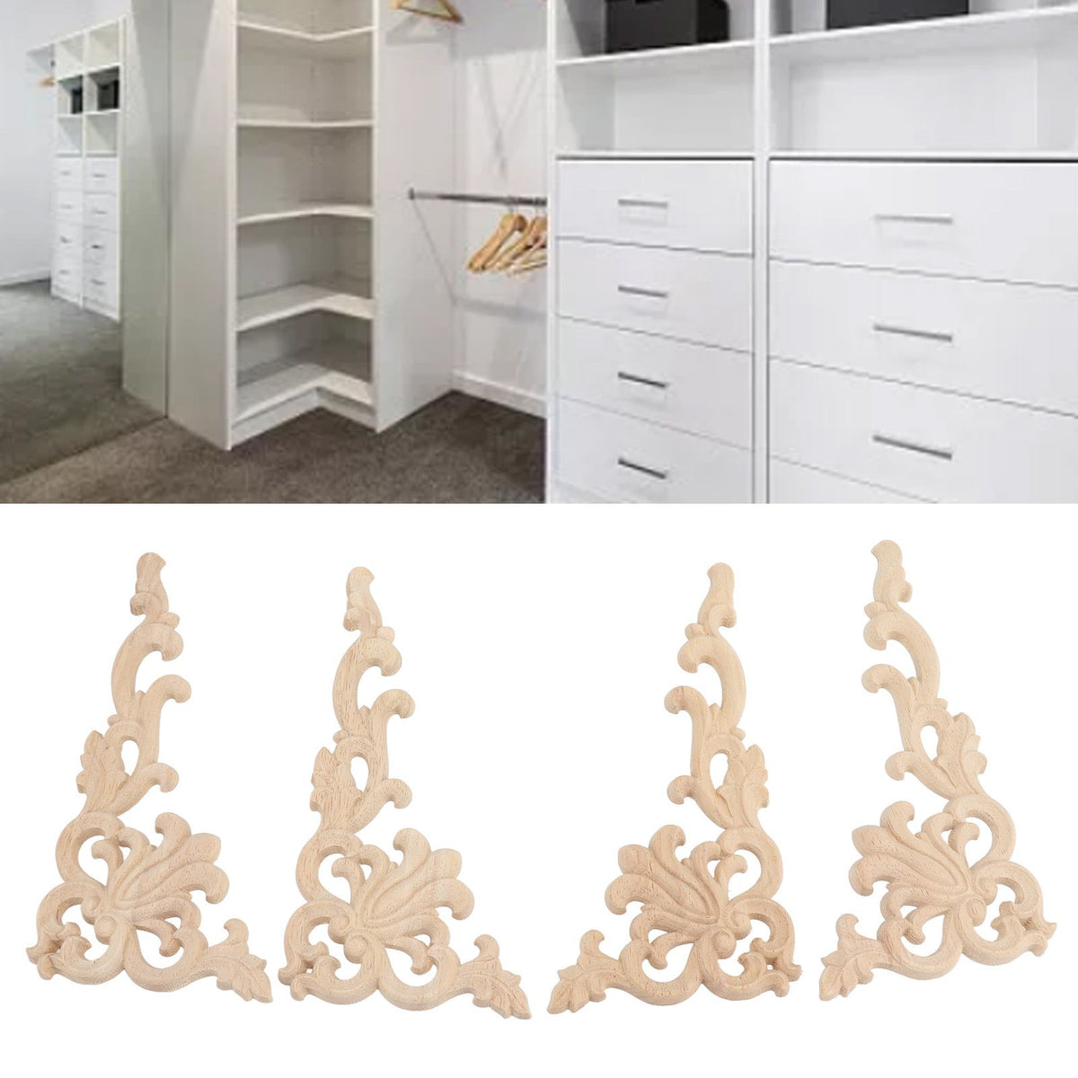 4Pcs Wood Corner Applique Decorative Carved Corner Onlay Applique for Cabinet Door Bed Wardrobe Furniture Decoration