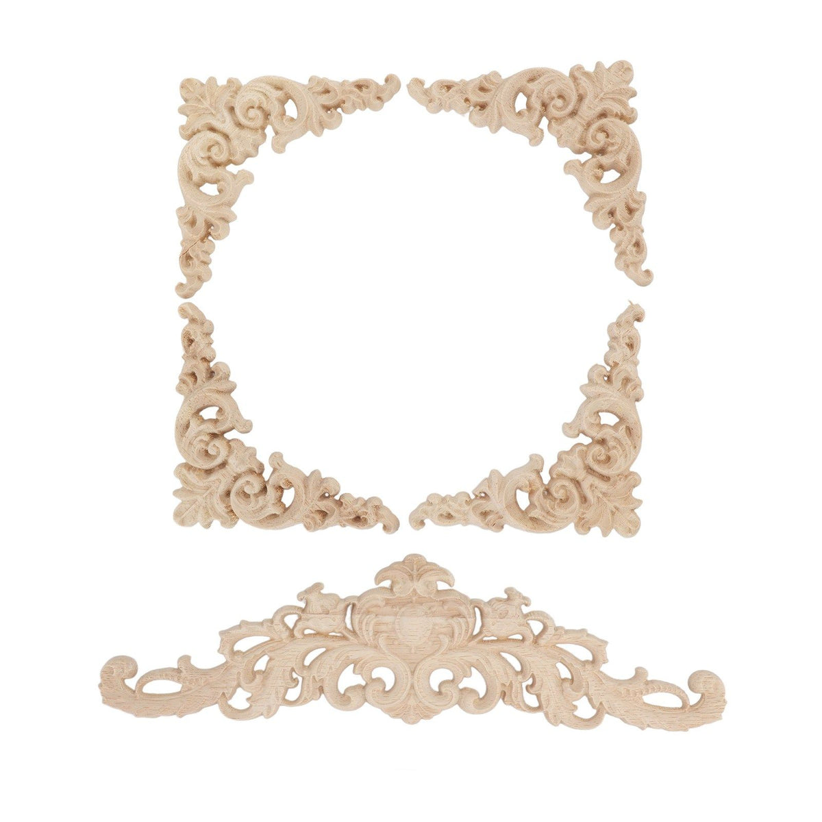 5Pcs Wooden Appliques Onlays Rubber Wood Carved 4 Corner Onlays and 1 Long Onlay for Cabinet Door Bed Wardrobe Furniture