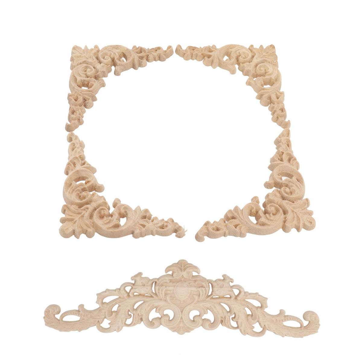 5Pcs Wooden Appliques Onlays Rubber Wood Carved 4 Corner Onlays and 1 Long Onlay for Cabinet Door Bed Wardrobe Furniture