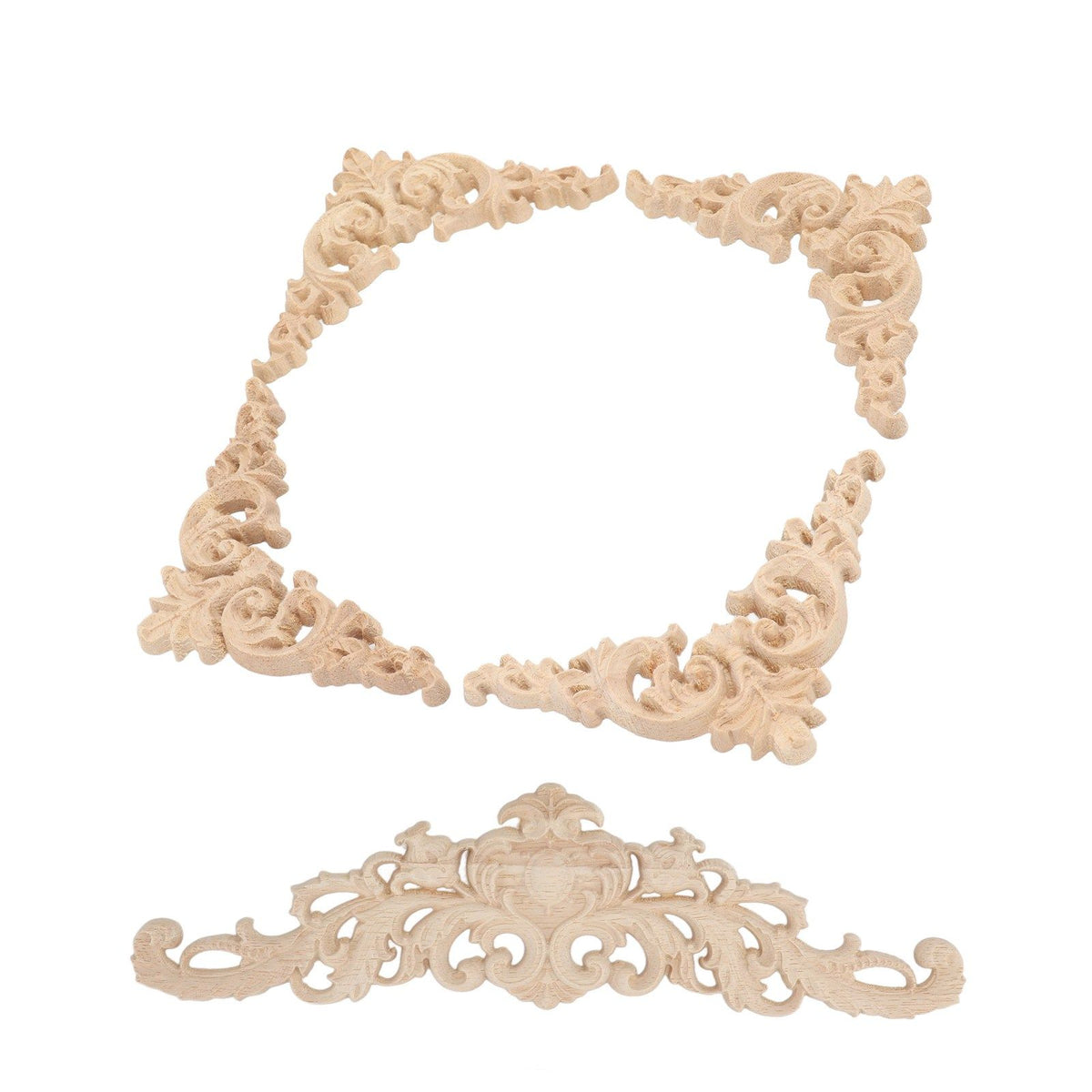 5Pcs Wooden Appliques Onlays Rubber Wood Carved 4 Corner Onlays and 1 Long Onlay for Cabinet Door Bed Wardrobe Furniture