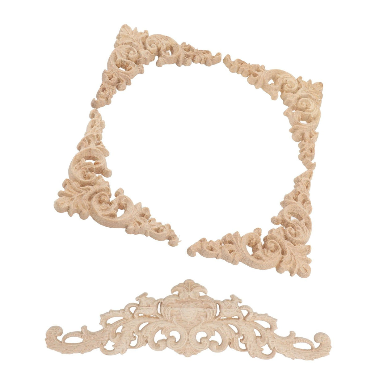 5Pcs Wooden Appliques Onlays Rubber Wood Carved 4 Corner Onlays and 1 Long Onlay for Cabinet Door Bed Wardrobe Furniture