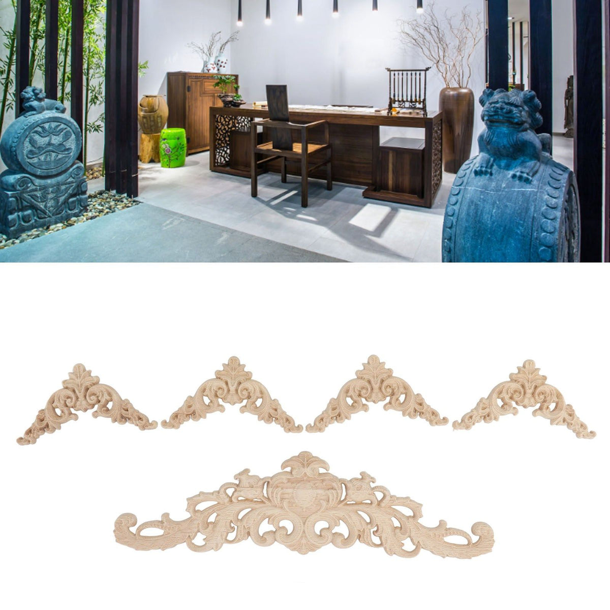 5Pcs Wooden Appliques Onlays Rubber Wood Carved 4 Corner Onlays and 1 Long Onlay for Cabinet Door Bed Wardrobe Furniture