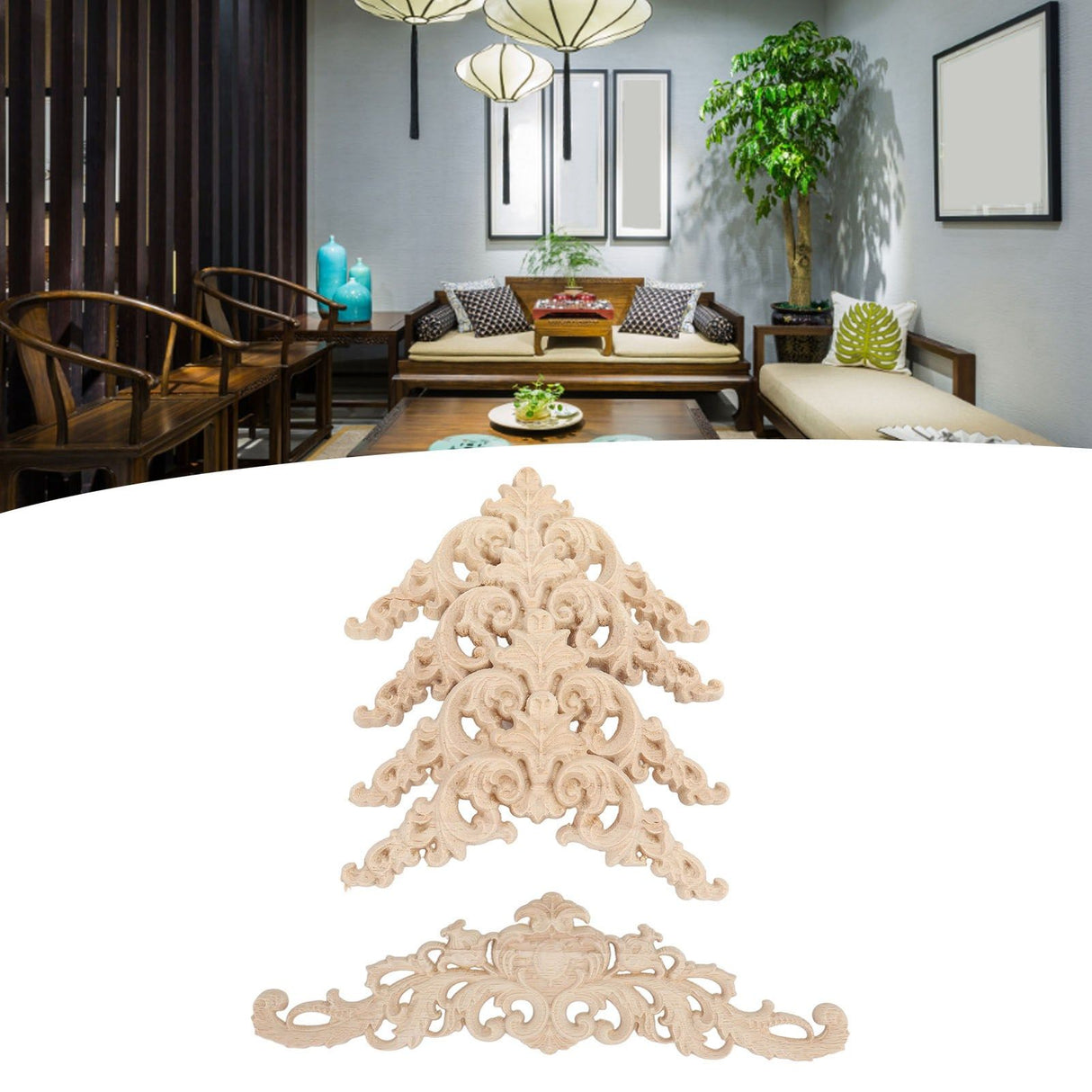5Pcs Wooden Appliques Onlays Rubber Wood Carved 4 Corner Onlays and 1 Long Onlay for Cabinet Door Bed Wardrobe Furniture