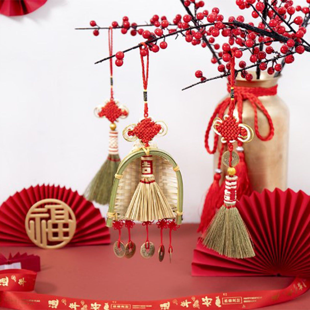 Broom Dustpan Decor Chinese Year Ornament Pendant New Tassel Hanging Decor Mini Fortune Broom Decoration B2