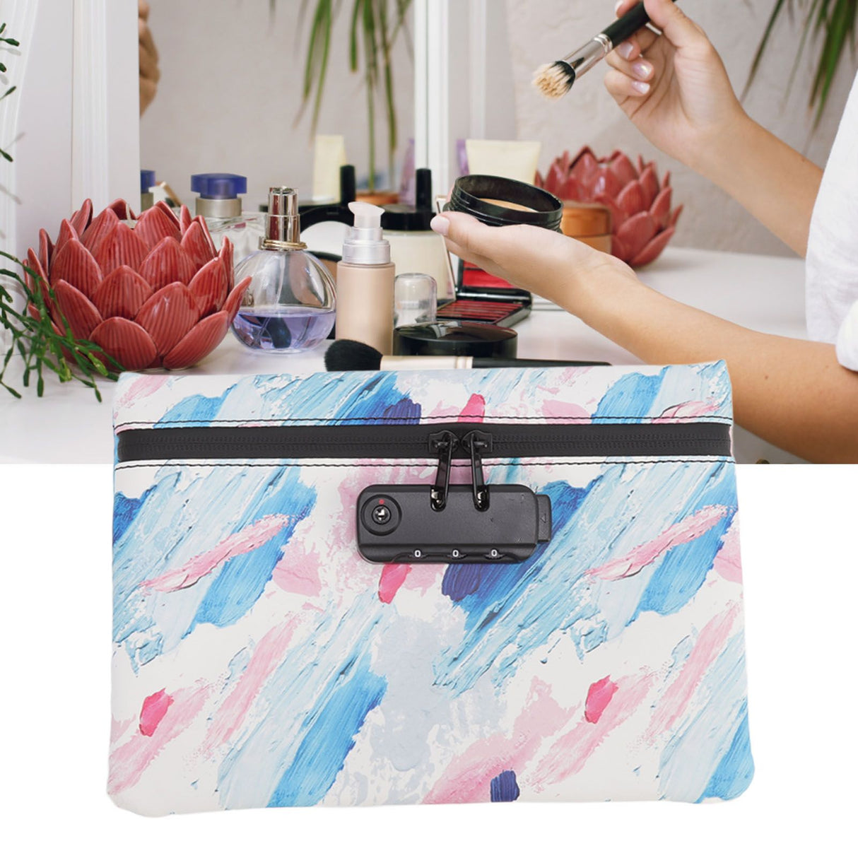 Smell Proof Bag PU Leather Reinforced Stitching Waterproof Zipper Closure Odor Proof Pouch with Password Lock Colorful