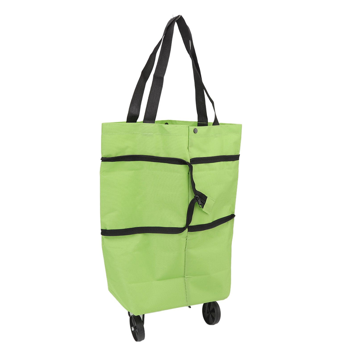 Shopping Cart Foldable Bag Large Capacity Zipper Design Oxford Cloth with Wheel for Camping Green