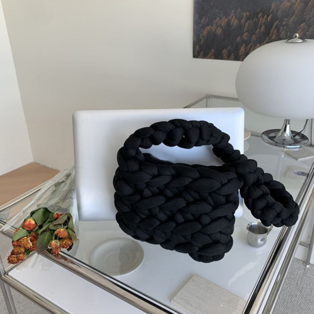 Wool Tote Purse Bag Cute Exquisite Hand Woven Fine Workmanship Wool Shoulder Bag for Daily Life Black