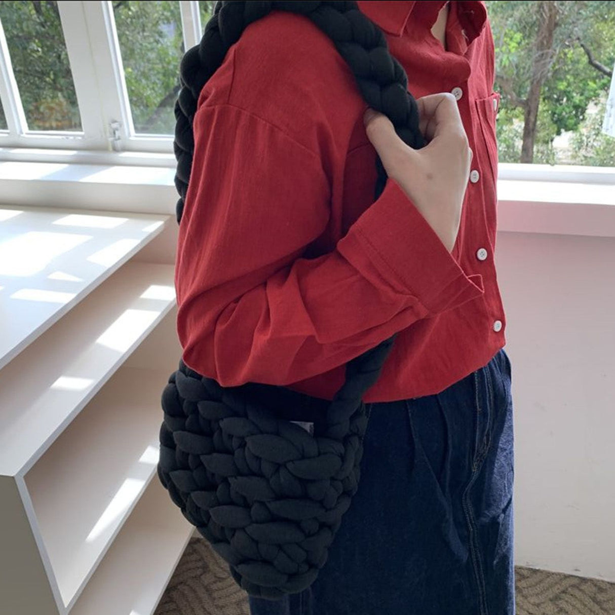 Wool Tote Purse Bag Cute Exquisite Hand Woven Fine Workmanship Wool Shoulder Bag for Daily Life Black