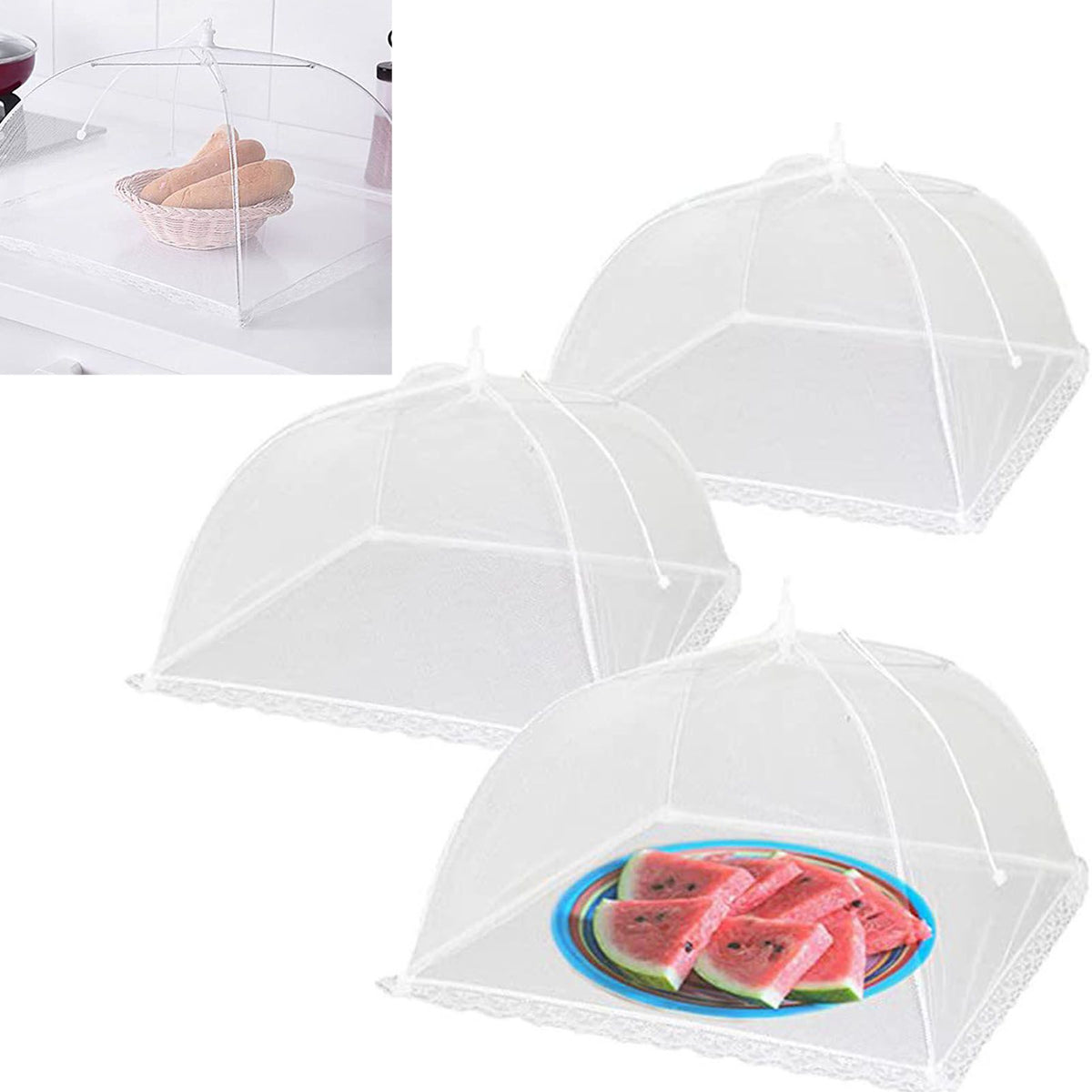 3PCS Food Protection Cover 18inch Gauze White Folding Food Tent Umbrella for Home Kitchen