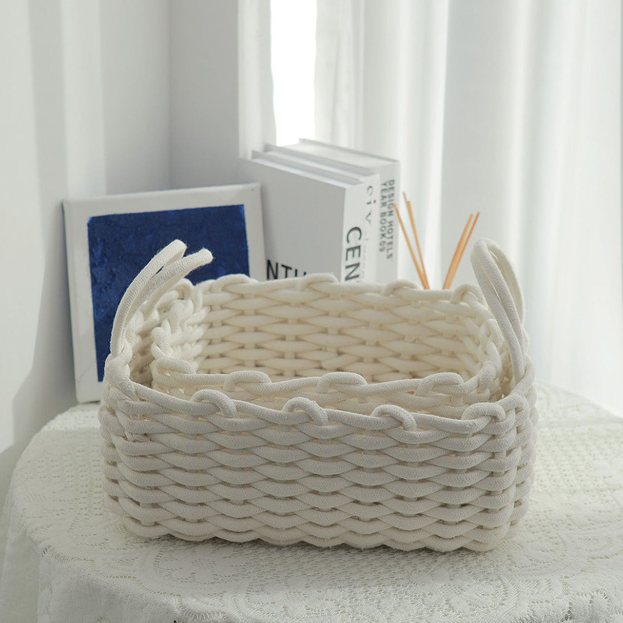 Cotton Rope Storage Basket Hand Knitting Nordic Style Desktop Storage Organizer for Key Snacks Underwear White 36x25x15cm/14.2x9.8x5.9in