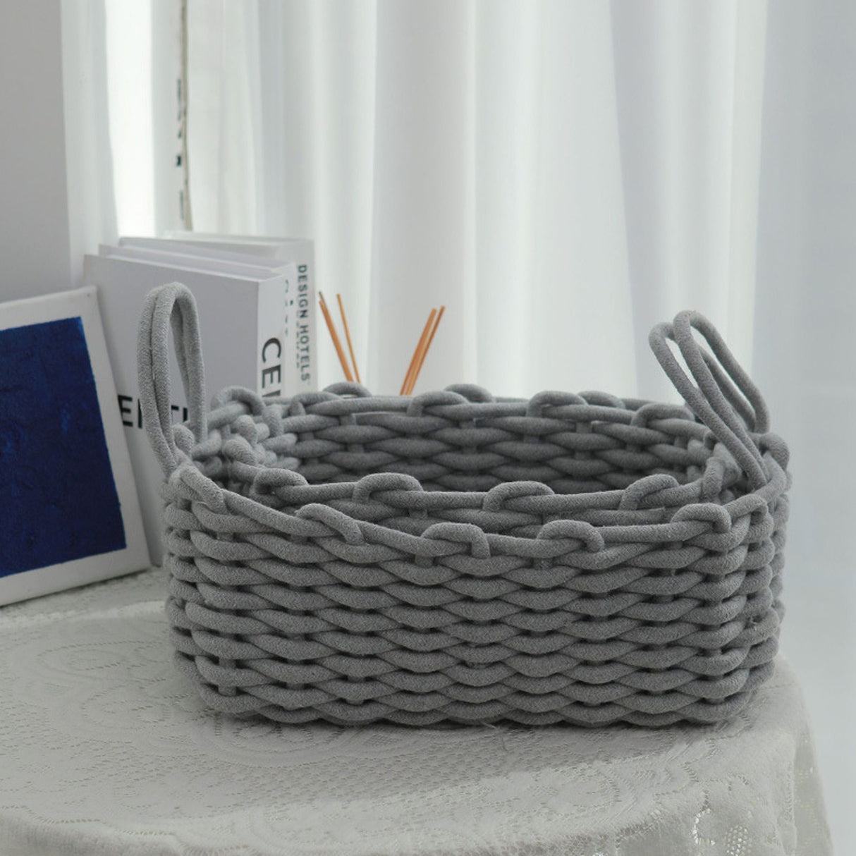 Cotton Rope Storage Basket Hand Knitting Nordic Style Desktop Storage Organizer for Key Snacks Underwear Grey 36x25x15cm/14.2x9.8x5.9in