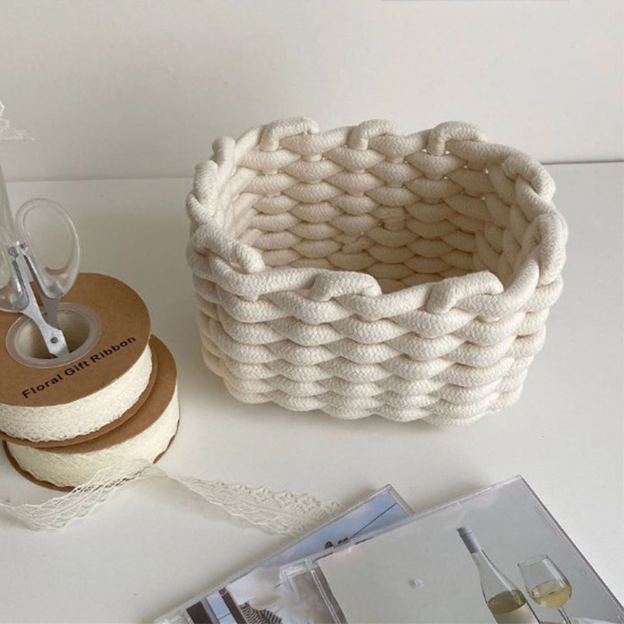 Cotton Rope Storage Basket White Simple Desktop Storage Organizer for Key Wallet Cosmetics