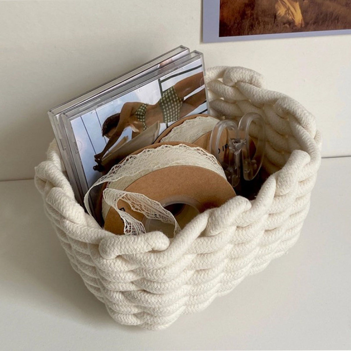 Cotton Rope Storage Basket White Simple Desktop Storage Organizer for Key Wallet Cosmetics
