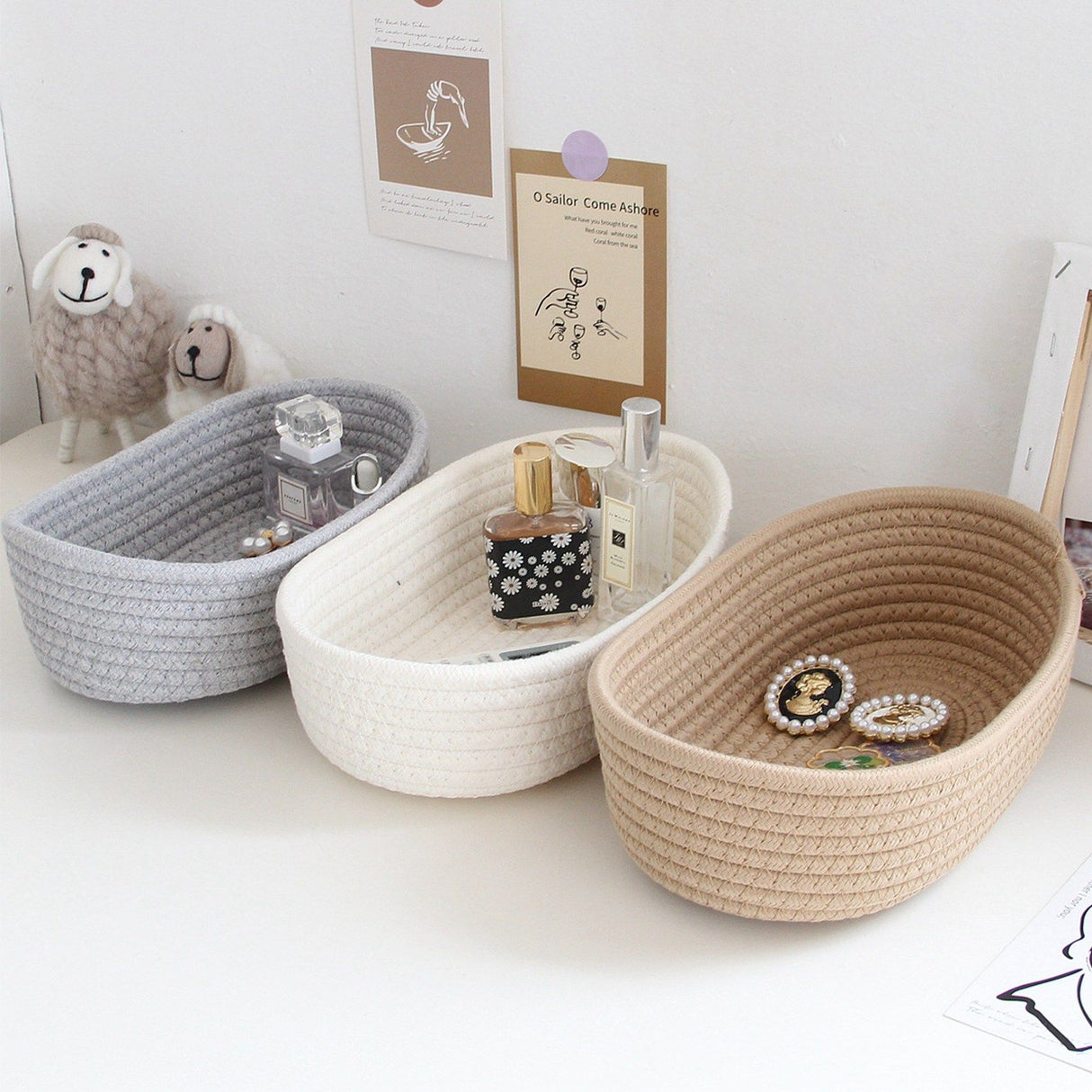 3 Pcs Desktop Storage Basket Oval Organizer Container Cotton Rope Hand Woven for Makeup Snacks White