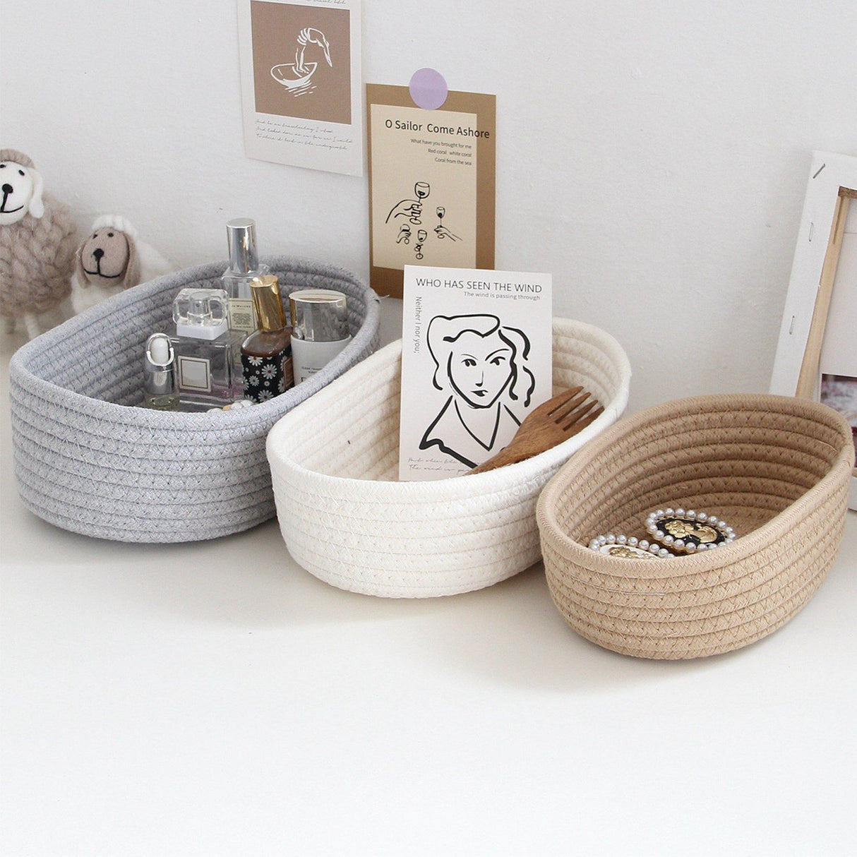 3 Pcs Desktop Storage Basket Oval Organizer Container Cotton Rope Hand Woven for Makeup Snacks White