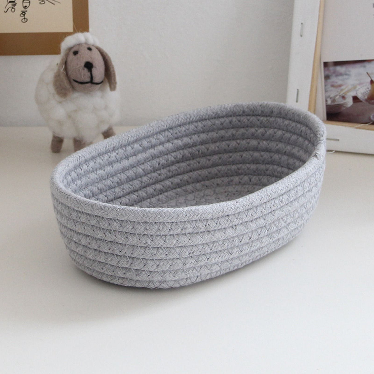 3 Pcs Desktop Storage Basket Oval Organizer Container Cotton Rope Hand Woven for Makeup Snacks Grey