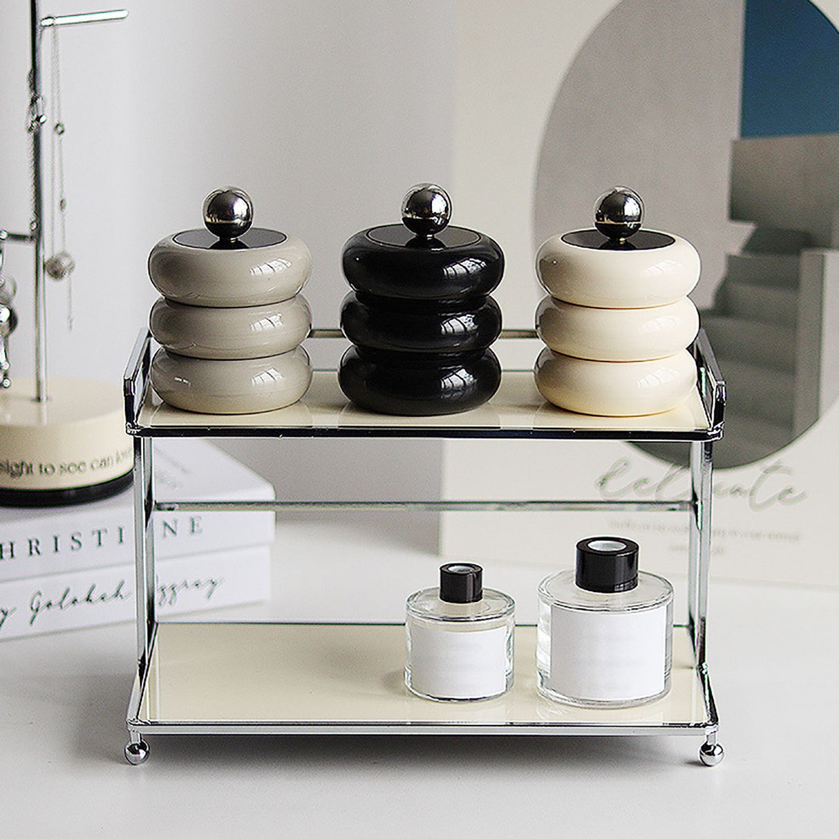 Nordic Style Qtip Holder Dispenser Desktop Dustproof Cotton Swab Storage Container Doughnut Shape Makeup Storage Box with Lid Milky White 3 Layers