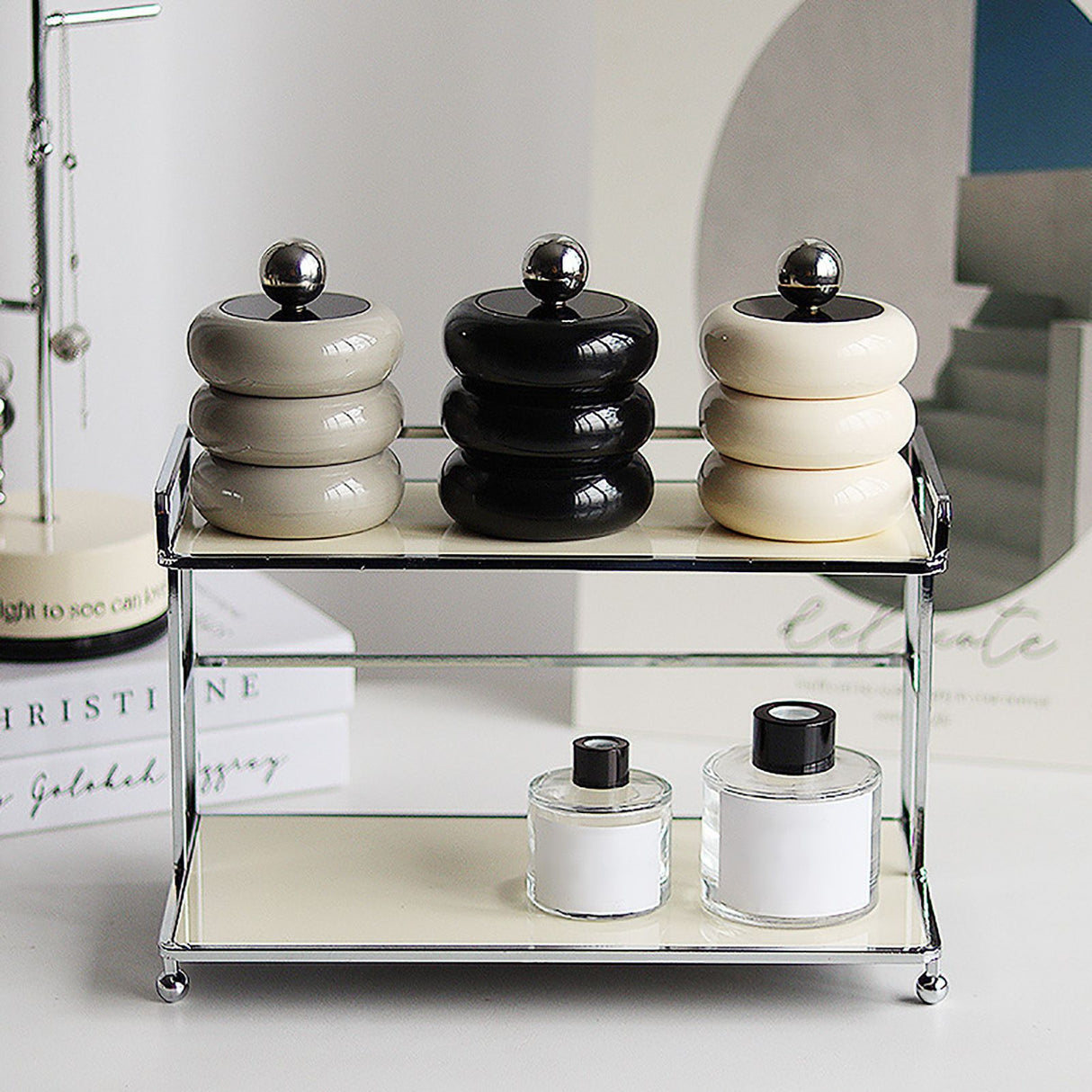Nordic Style Qtip Holder Dispenser Desktop Dustproof Cotton Swab Storage Container Doughnut Shape Makeup Storage Box with Lid Black 3 Layers