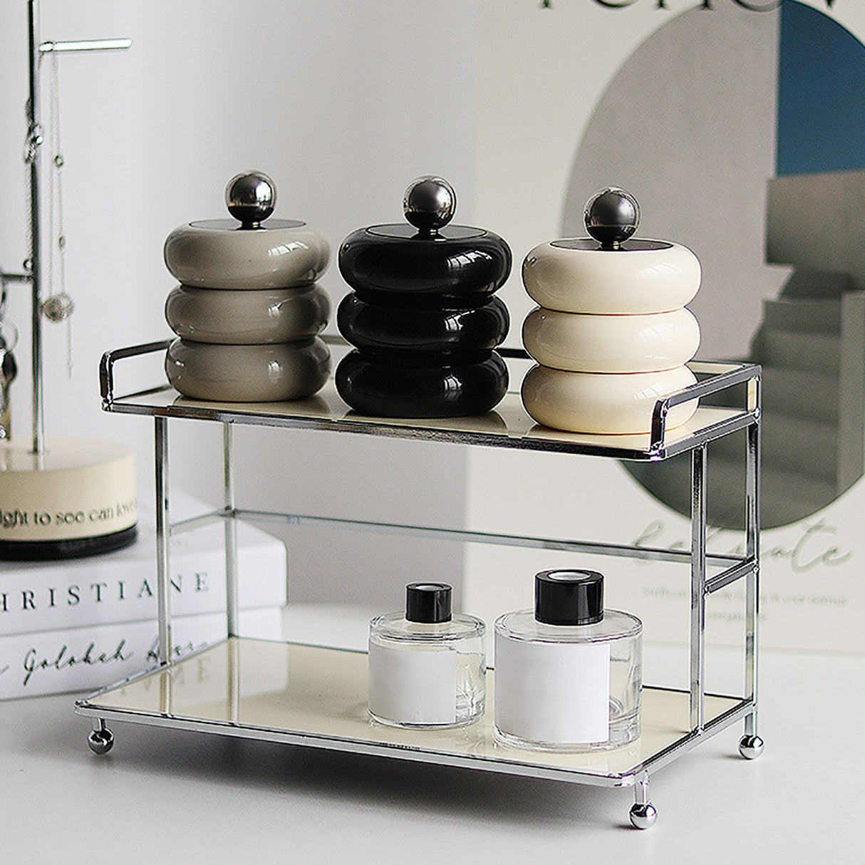Nordic Style Qtip Holder Dispenser Desktop Dustproof Cotton Swab Storage Container Doughnut Shape Makeup Storage Box with Lid Black 3 Layers