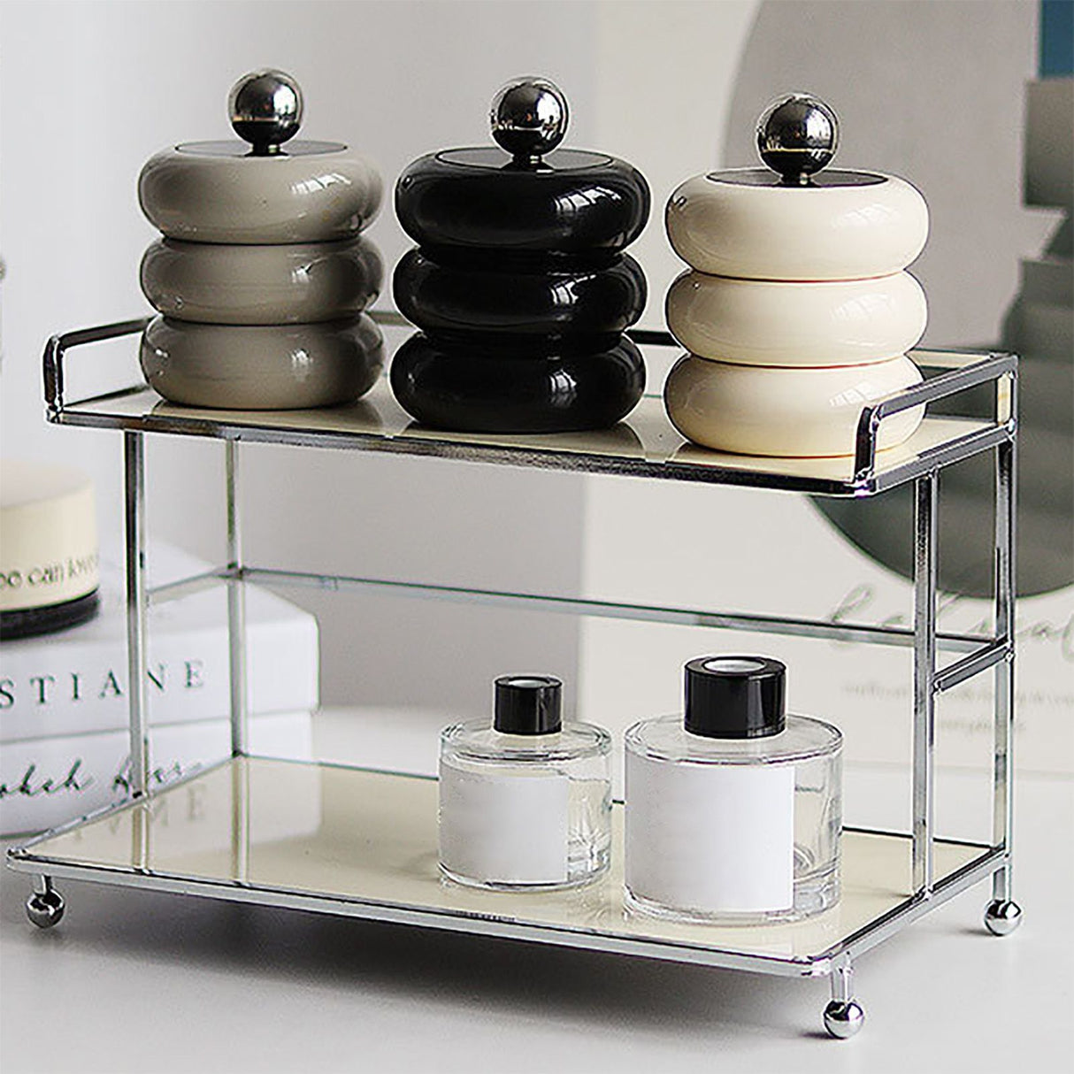 Nordic Style Qtip Holder Dispenser Desktop Dustproof Cotton Swab Storage Container Doughnut Shape Makeup Storage Box with Lid Black 3 Layers