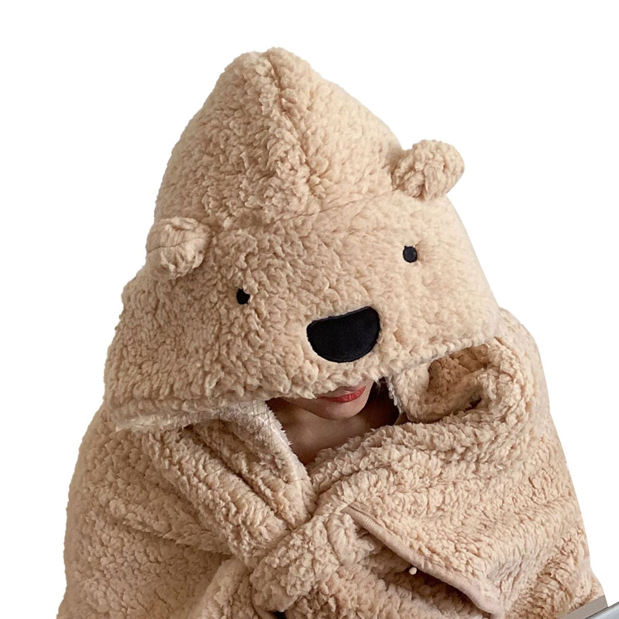 Winter Throw Blanket Cloak With Hood Thick Soft Plush Warm Wearable Blanket for Children and Adults Beige 120x123cm