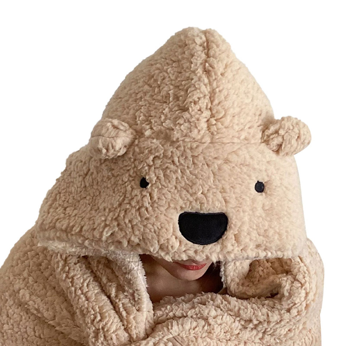 Winter Throw Blanket Cloak With Hood Thick Soft Plush Warm Wearable Blanket for Children and Adults Beige 120x123cm