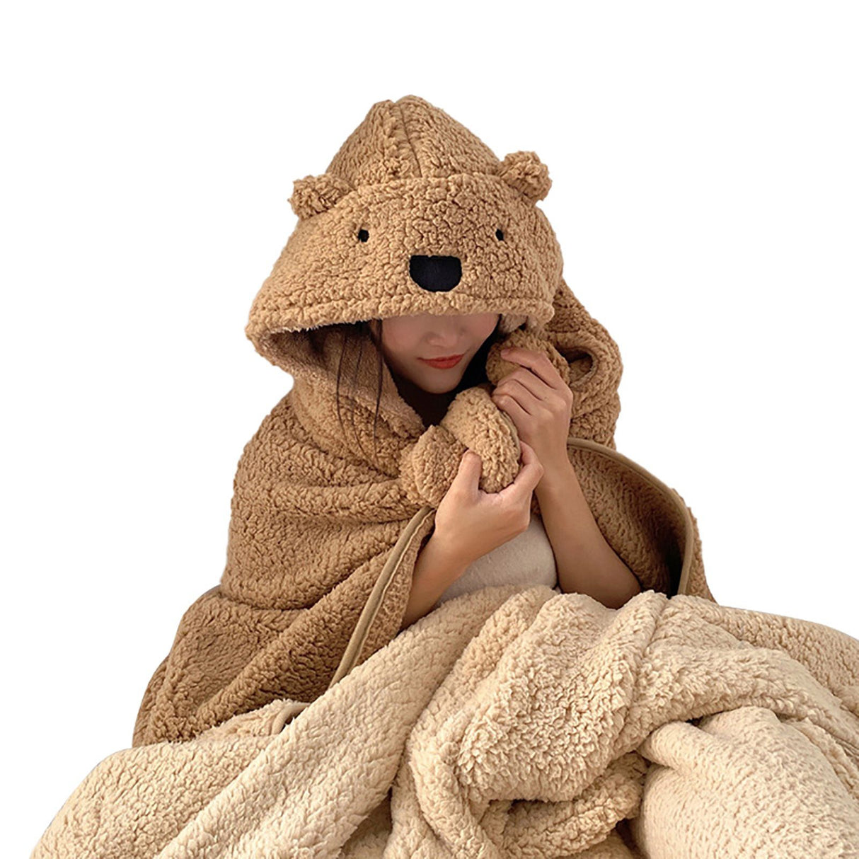 Winter Throw Blanket Cloak With Hood Thick Soft Plush Warm Wearable Blanket for Children and Adults Brown 120x123cm