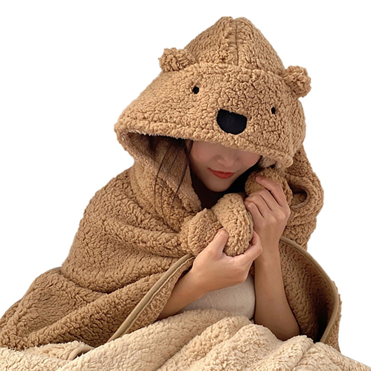 Winter Throw Blanket Cloak With Hood Thick Soft Plush Warm Wearable Blanket for Children and Adults Brown 120x123cm