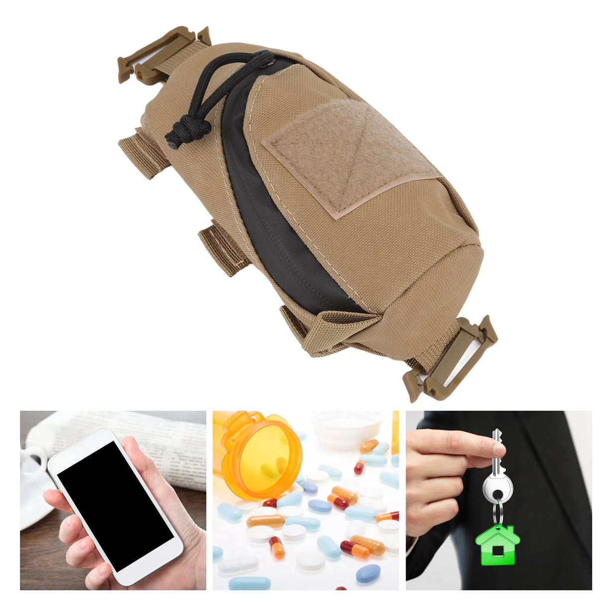 Outdoor Backpack Shoulder Strap Pouch Clip On Pouch Backpack Attachment Bag for Hikers Khaki