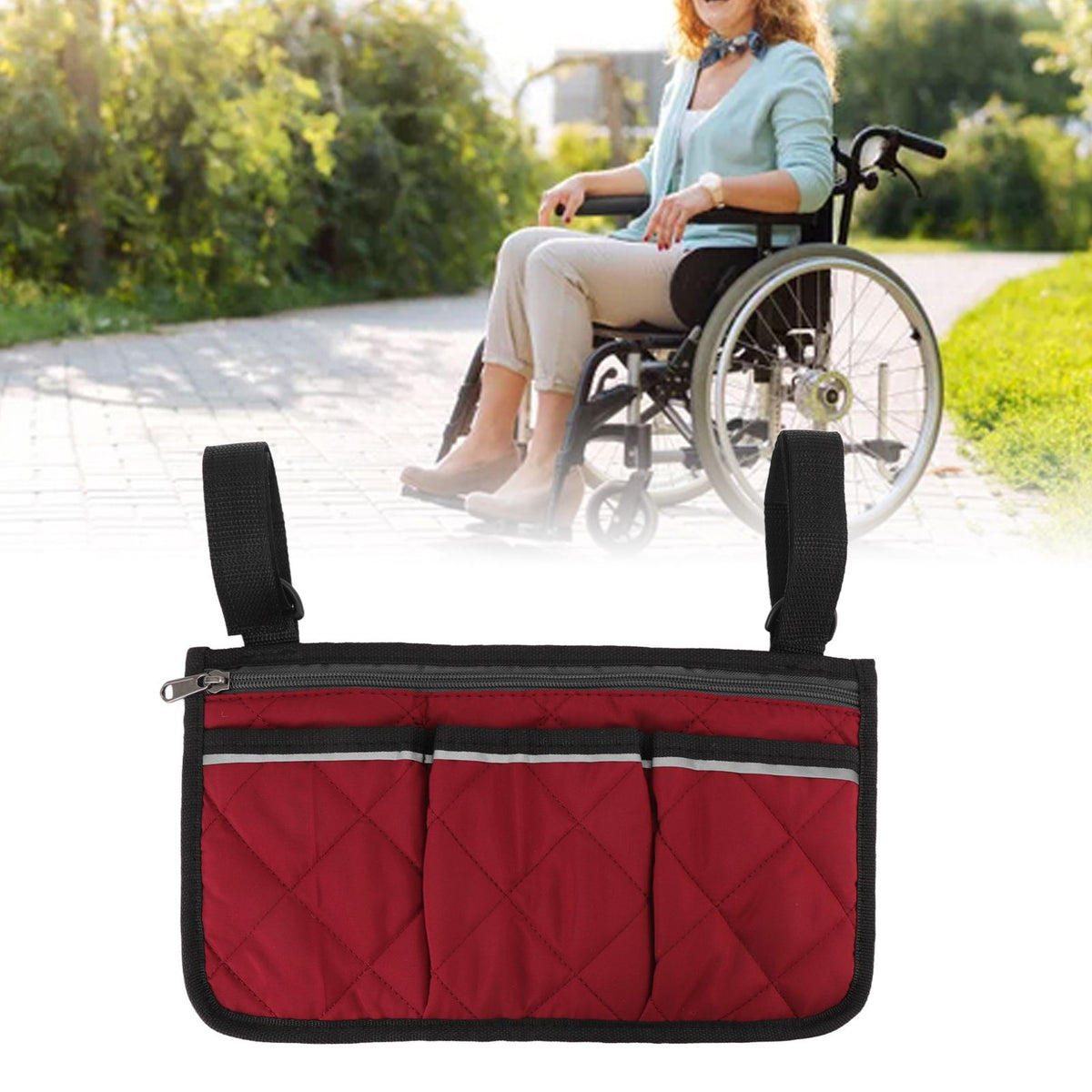 Wheelchair Pouch Bag Waterproof Polyester Multi Pocket Design Wheelchair Side Pocket for Outdoor Mobile Chair Red