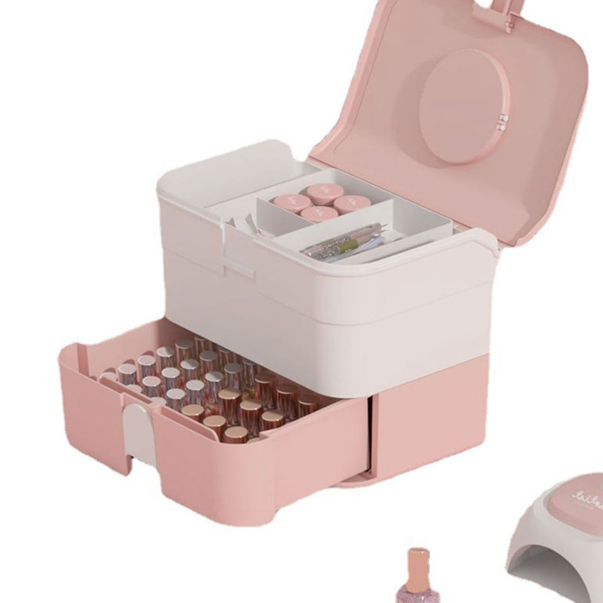 Cosmetic Storage Box 2 Layers Drawer Large Capacity Portable Makeup Storage Box with Handle for Nail Polish Nail Art Pink