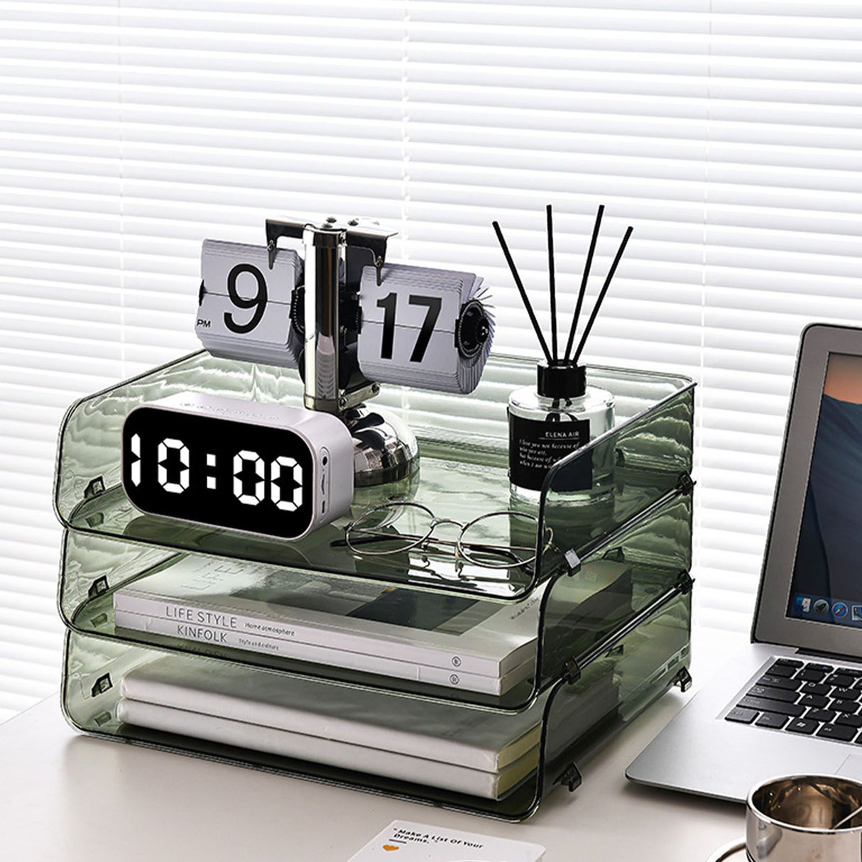 A4 Paper Storage Box Stackable Plastic Large Opening Single Layer Desktop File Organizer for Office Green 32.5x25x7.5cm/12.8x9.8x3.0in