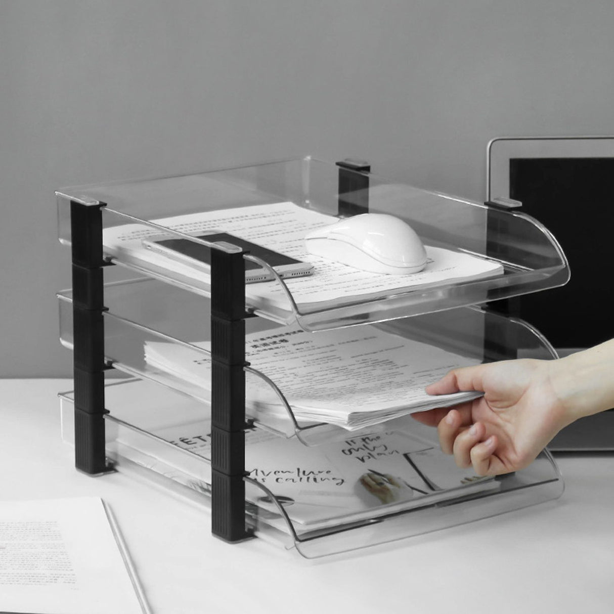 Desk File Letter Tray Layered Classified Documents Rack Acrylic Office Storage Rack Transparent 3 Layers 280x372x247mm