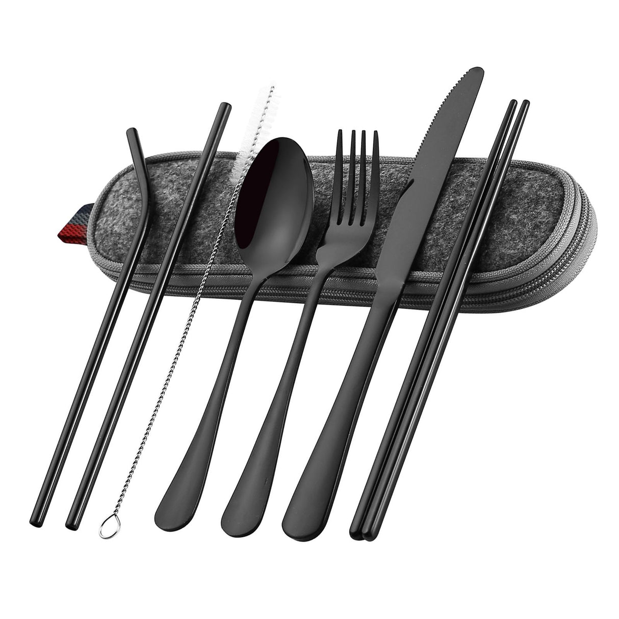 8 Pieces Stainless Steel Flatware Set Portable Travel Cutlery Set with Case Chopsticks Knife Fork Spoon Straws Cleaning Brush