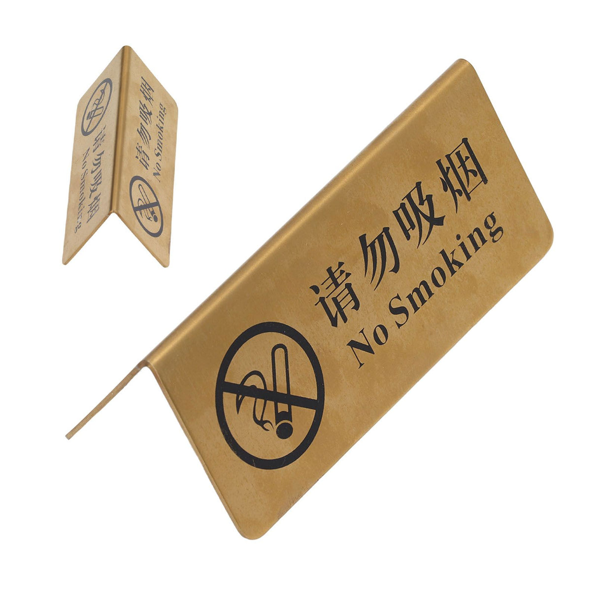 Metal Table Top Sign Strong Stainless Steel Double Sided Space Saving Gold Tabletop Sign for Party Wedding Hotel No Smoking in Chinese and English
