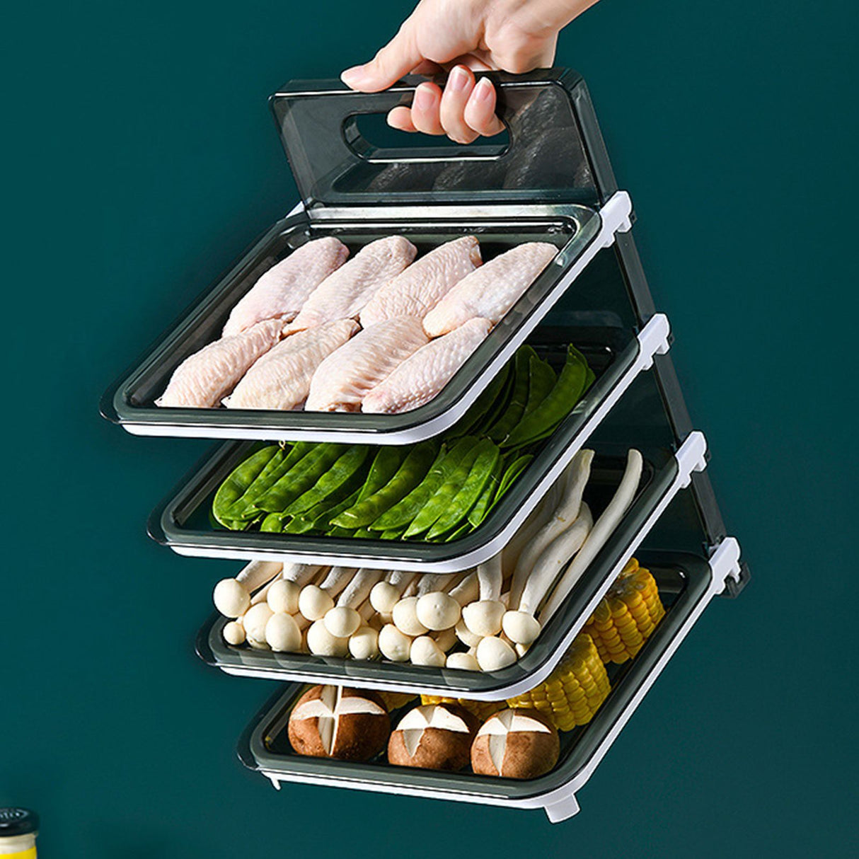 Wall Mounted Food Sorting Tray 4 Layers Storage Tray Collapsible Side Dish Stacking Storage for Hotpot Kitchen Grey