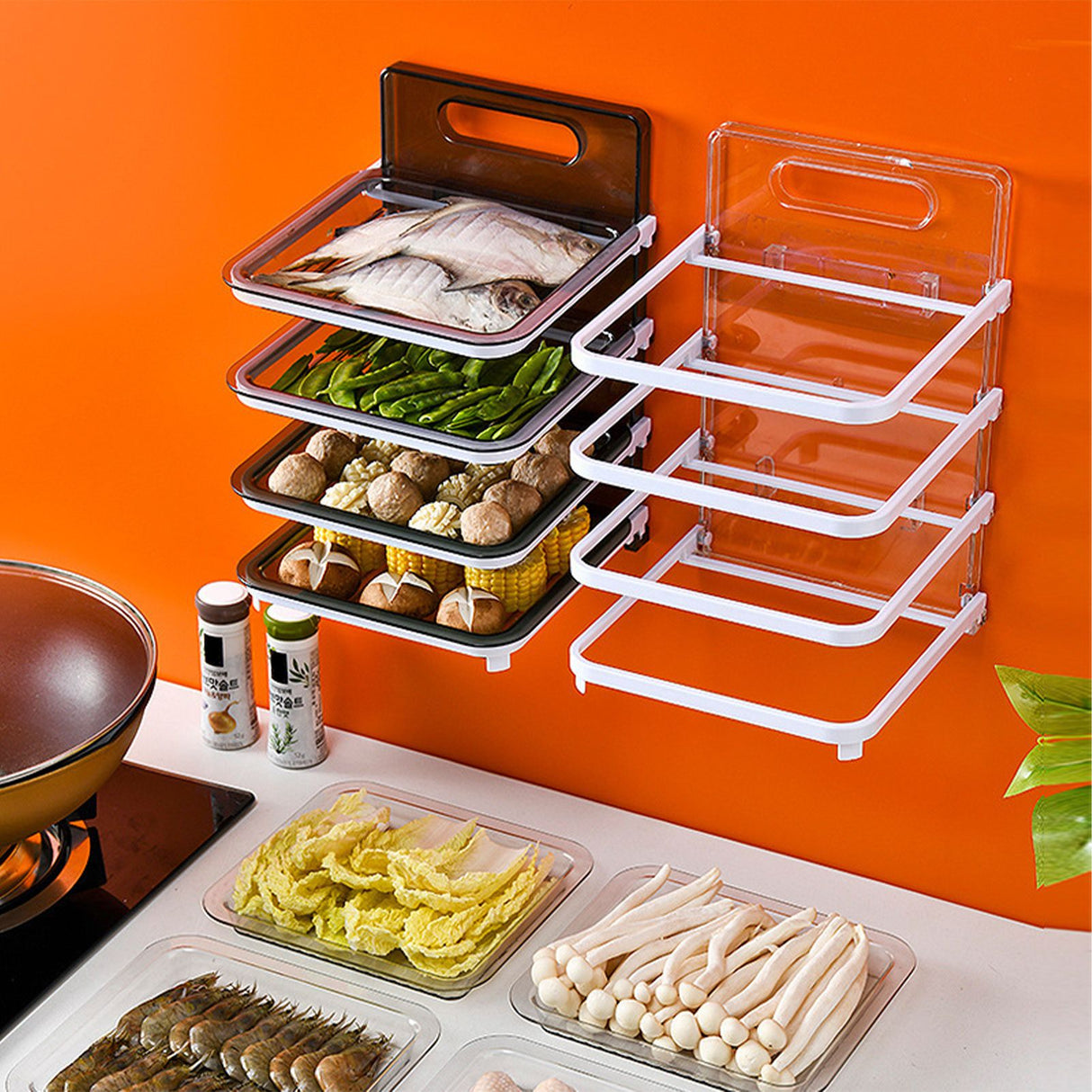 Wall Mounted Food Sorting Tray 4 Layers Storage Tray Collapsible Side Dish Stacking Storage for Hotpot Kitchen Grey