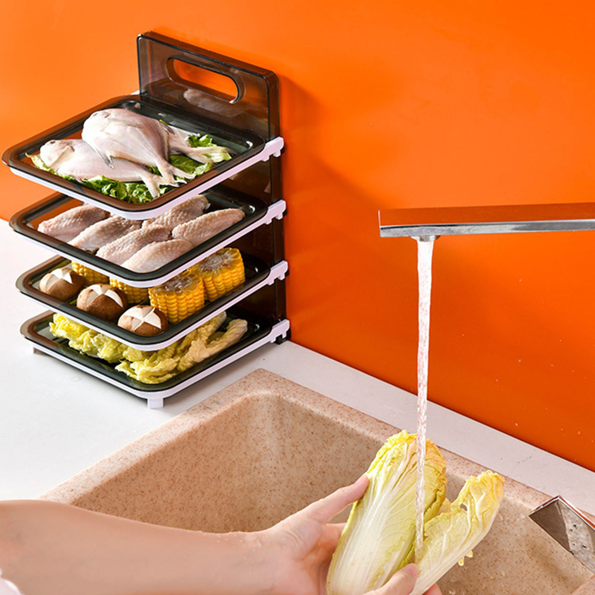 Wall Mounted Food Sorting Tray 4 Layers Storage Tray Collapsible Side Dish Stacking Storage for Hotpot Kitchen Grey