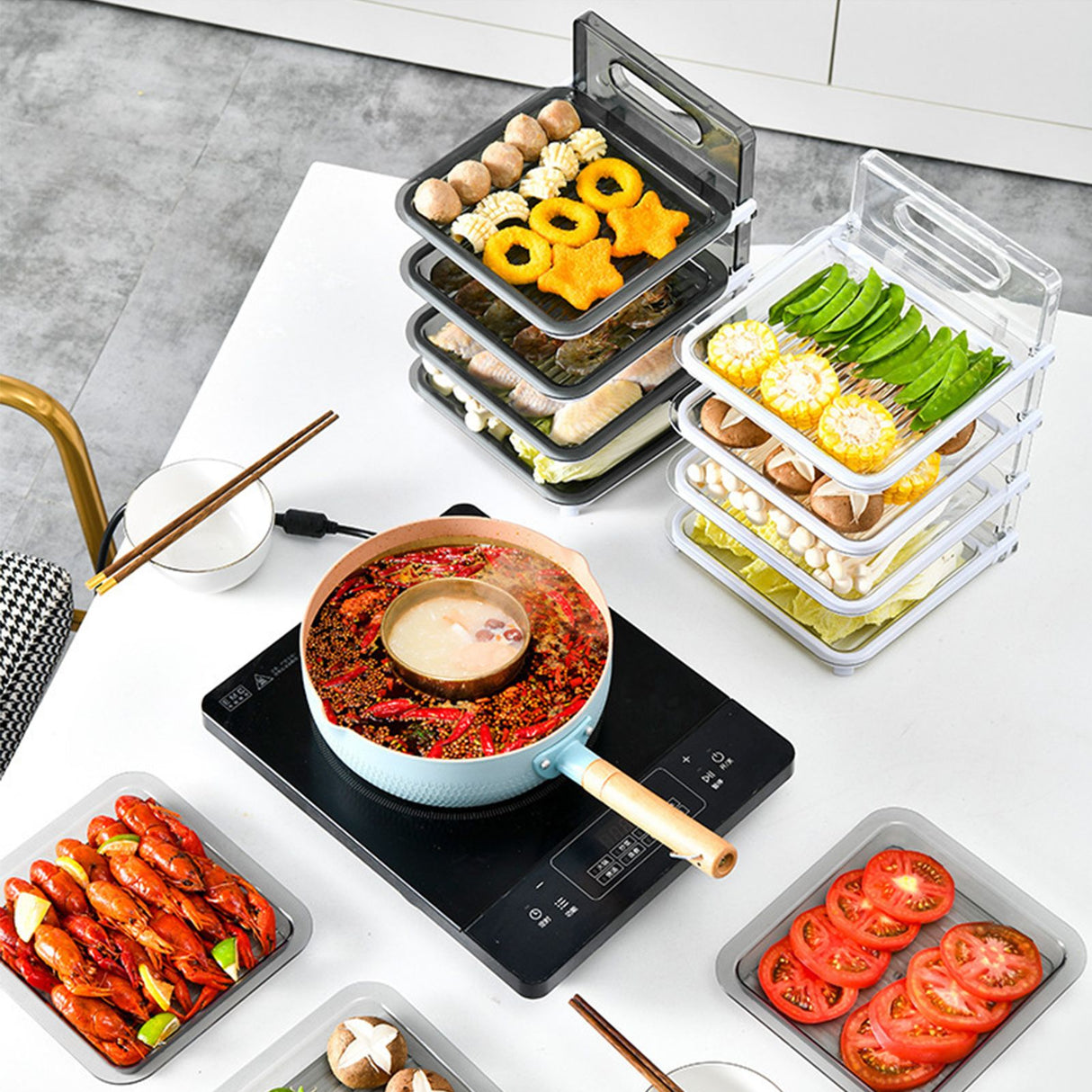Wall Mounted Food Sorting Tray 4 Layers Storage Tray Collapsible Side Dish Stacking Storage for Hotpot Kitchen Grey