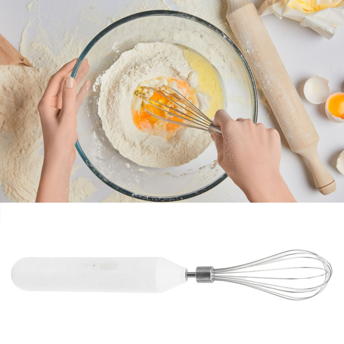 Electric Egg Beater Handheld USB Charging Milk Frother Portable Cordless Drink Mixer with Stainless Steel Whisk White